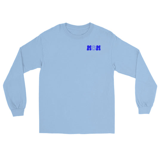 MOM front pocket "o" is a smiley face on light blue long sleeve shirt