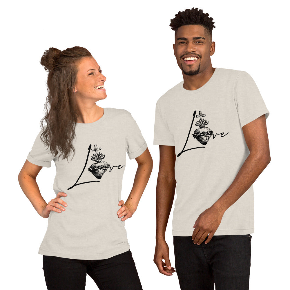 Sacred Heart Love T-shirt in heather dust on male and female models
