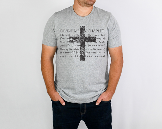 Divine Mercy Chaplet T-shirt Athletic Heather on male model