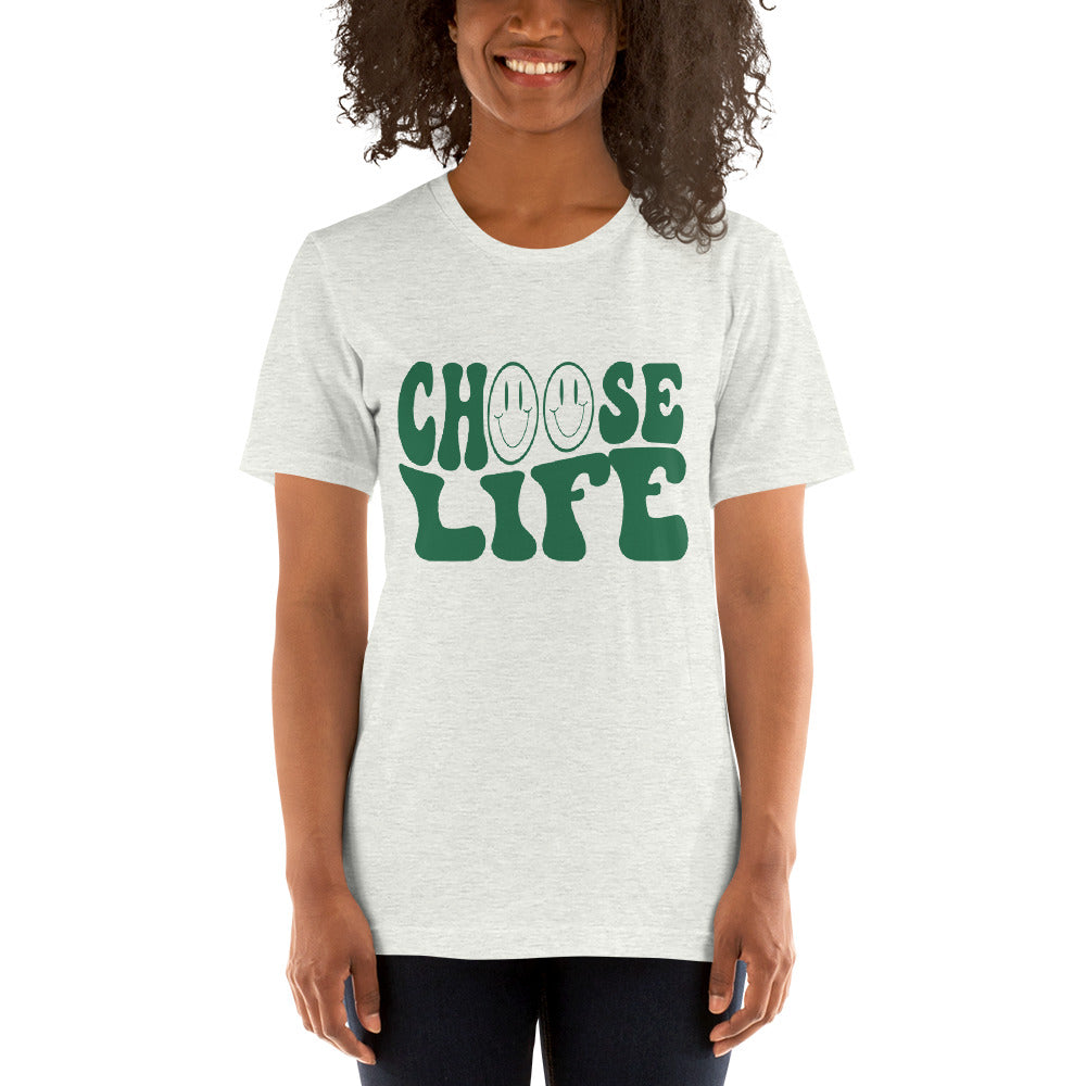 Choose Life T-shirt on female model in ash with green lettering