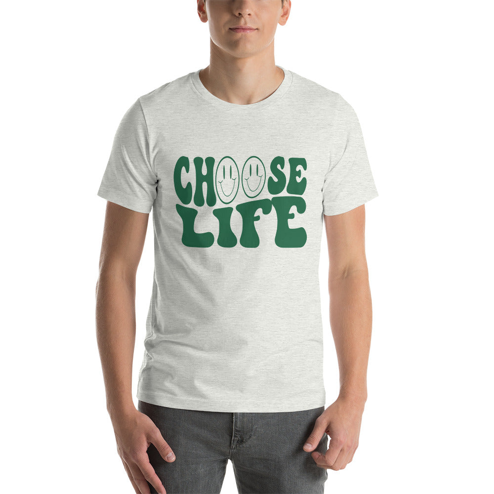 Choose Life T-shirt on male model in ash with green lettering