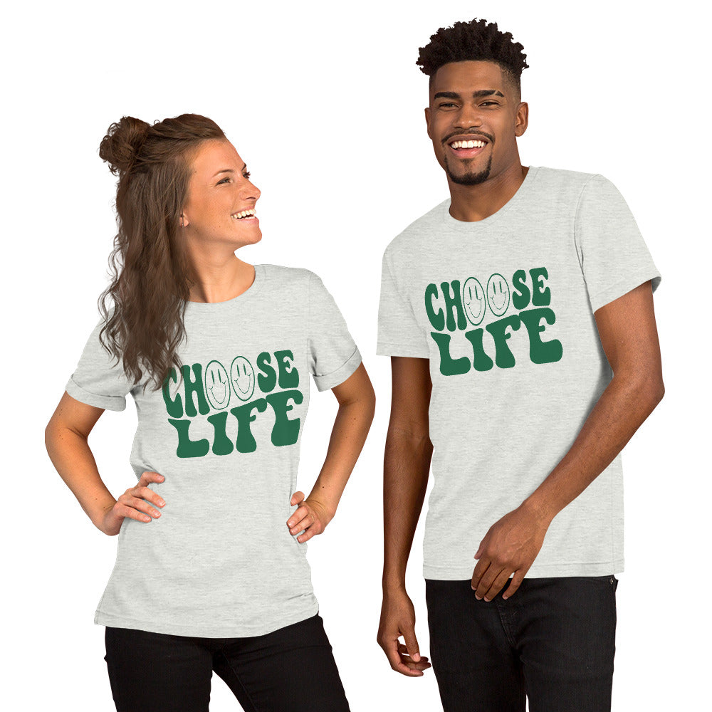 Choose Life T-shirt on male and female model in ash with green lettering