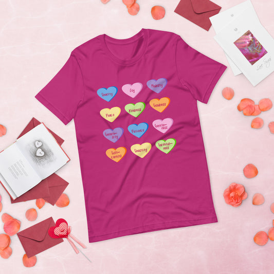 Fruit of the Holy Spirit Candy Hearts T-shirt in berry