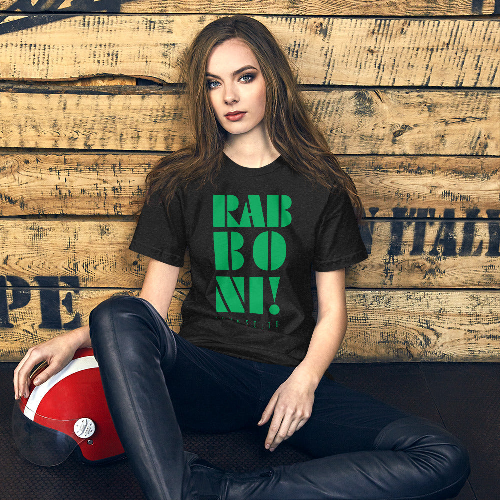 Rabboni! T-shirt black tee with green writing on female model