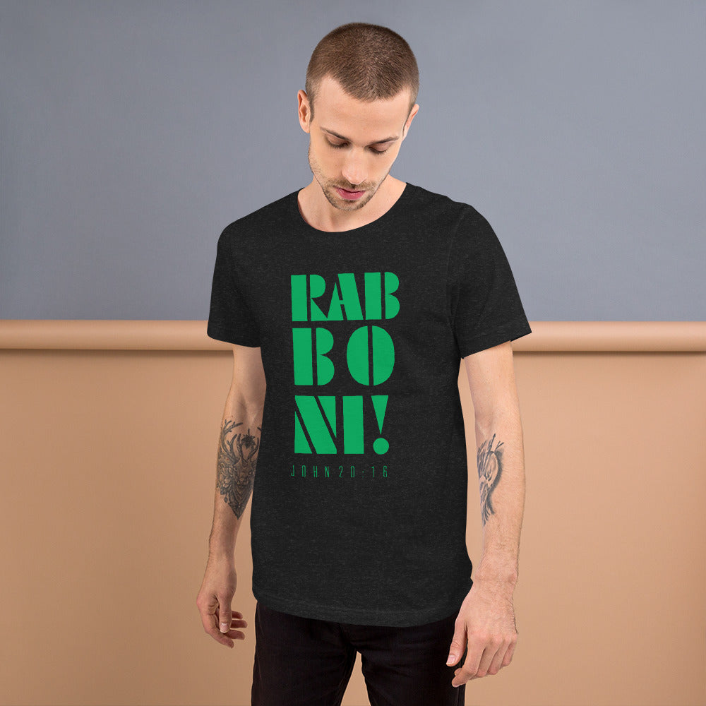 Rabboni! T-shirt black tee with green writing on male model