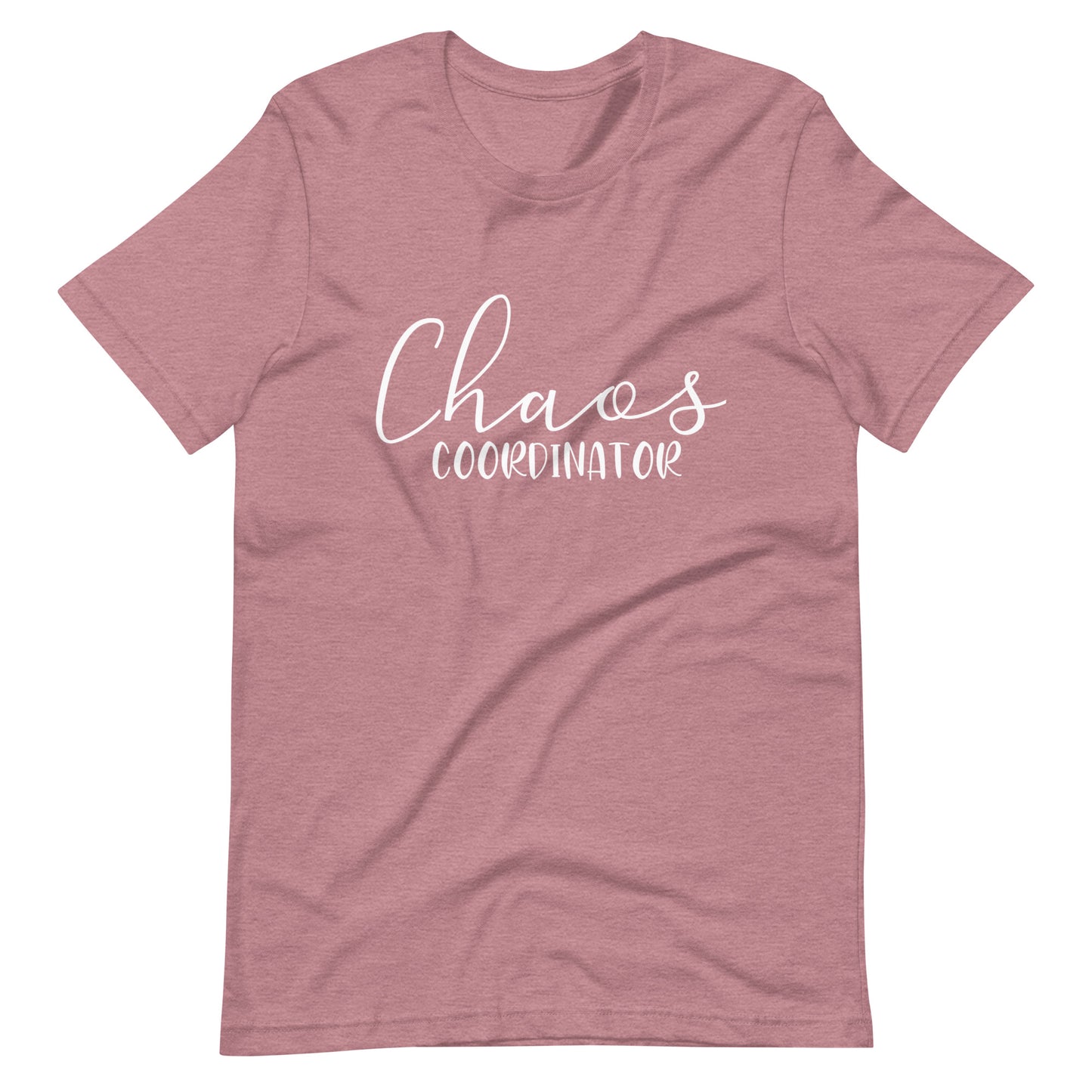 Chaos Coordinator T-shirt in heather orchid with white lettering
