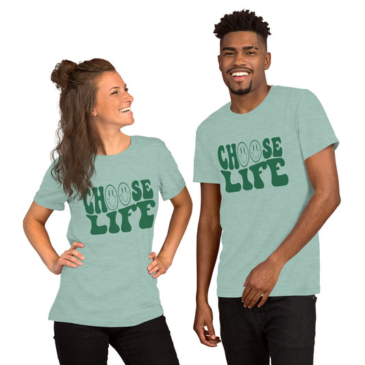 Choose Life T-shirt on male and female model in heather prism dusty blue with green lettering