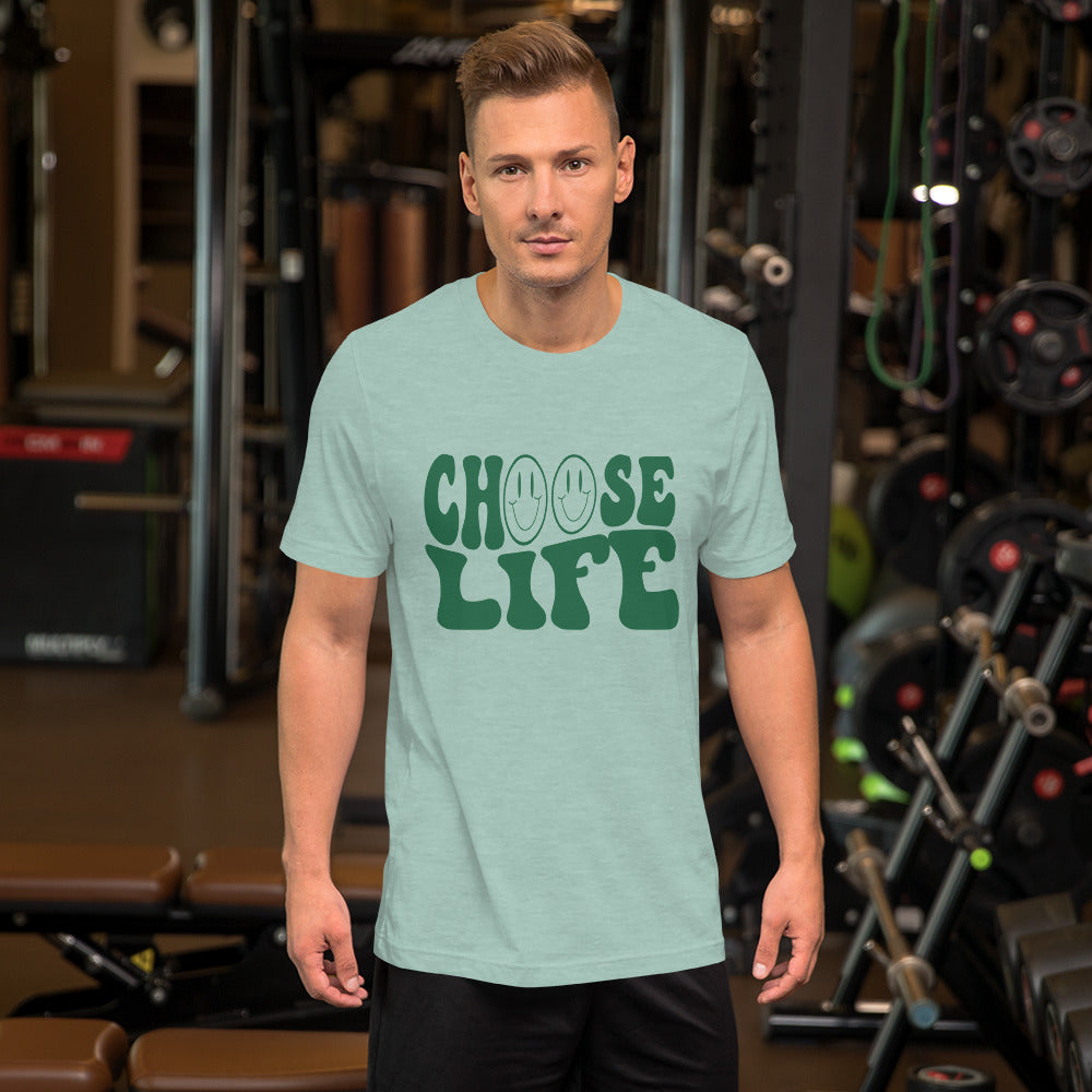 Choose Life T-shirt on male model in heather prism dusty blue with green lettering