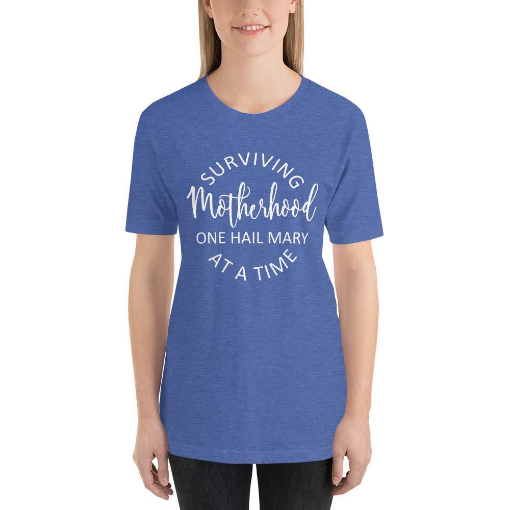 Surviving Motherhood One Hail Mary at a time t-shirt in heather true royal