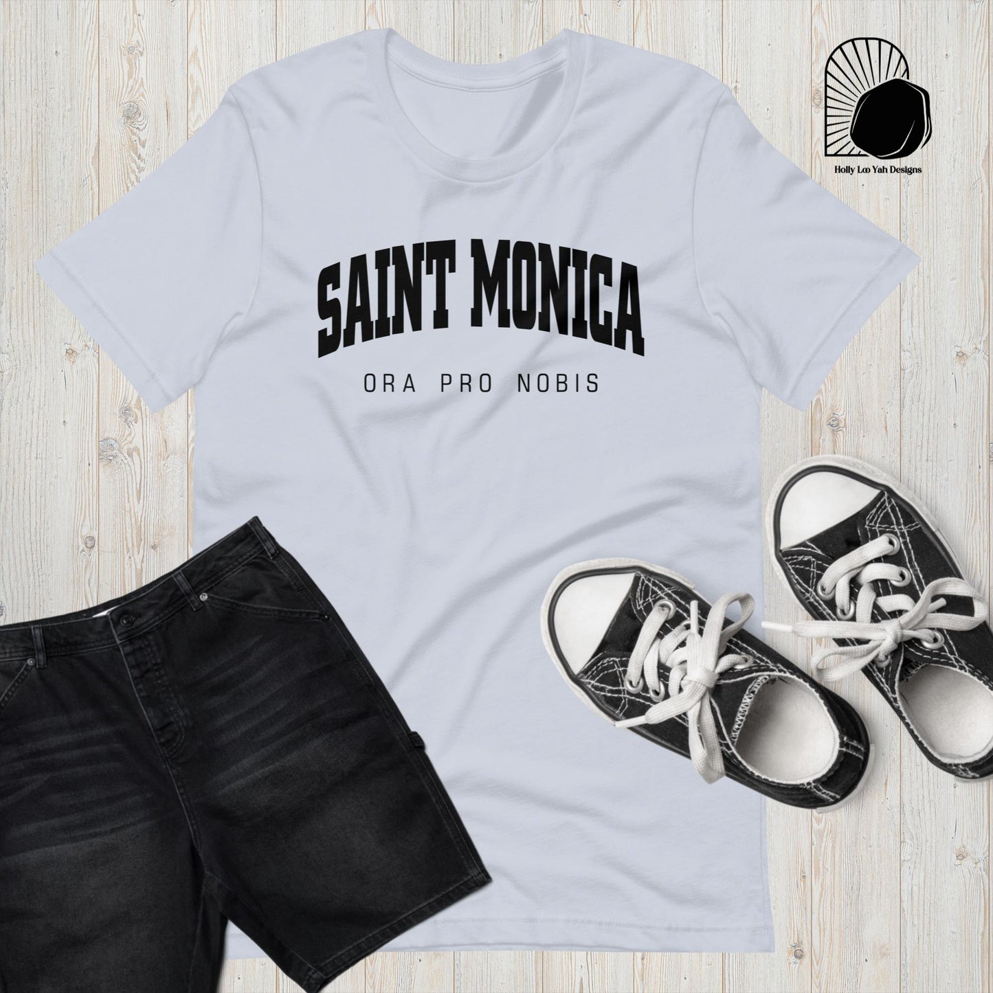 Saint Monica Ora Pro Nobis University Style T-shirt in light blue