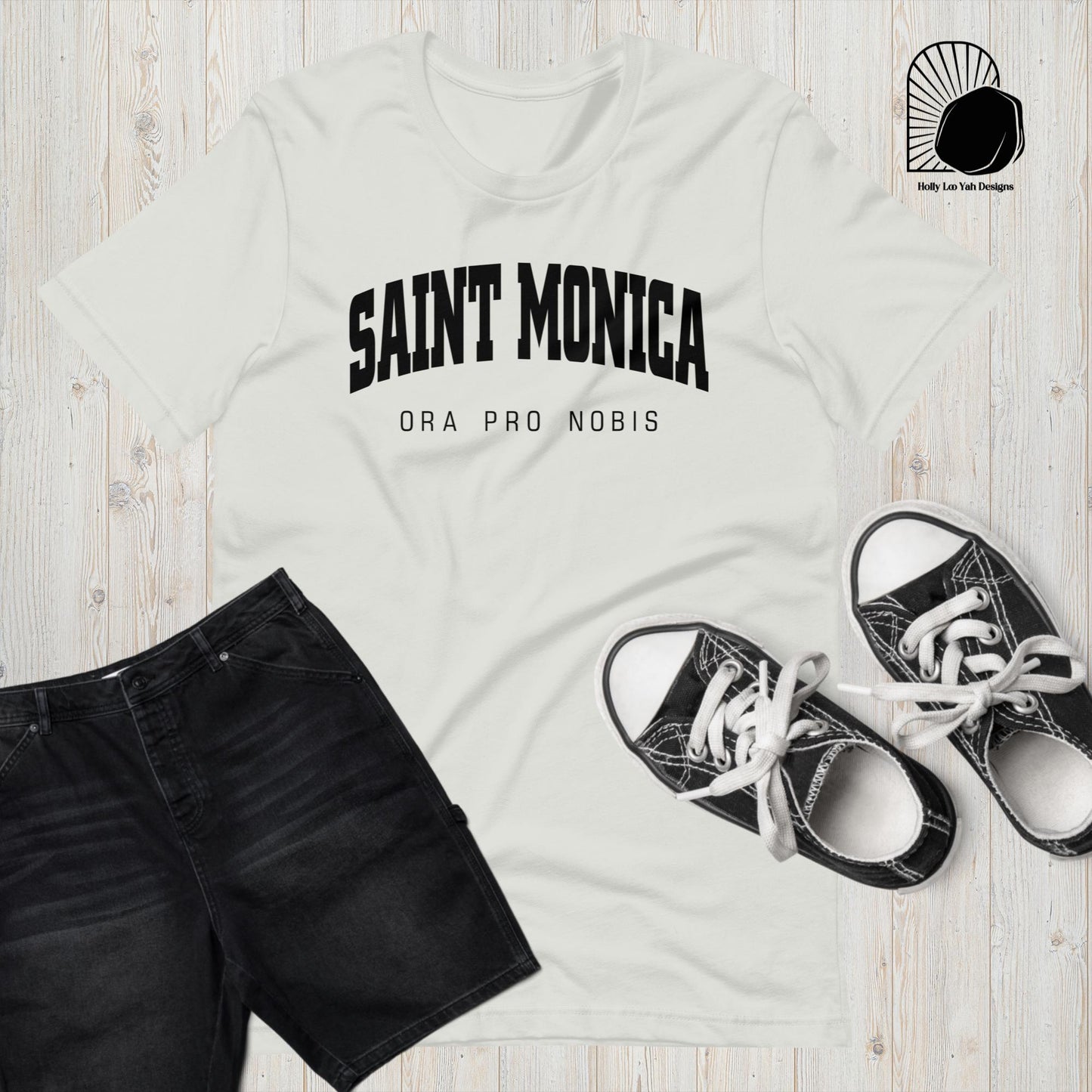 Saint Monica Ora Pro Nobis University Style T-shirt in silver