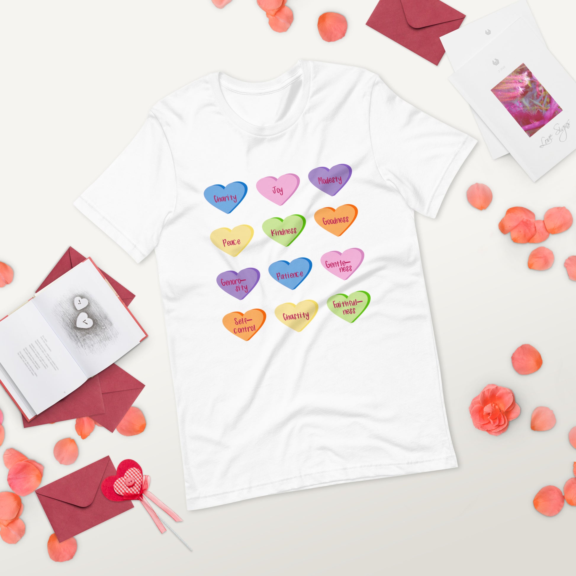 Fruit of the Holy Spirit Candy Hearts T-shirt in white