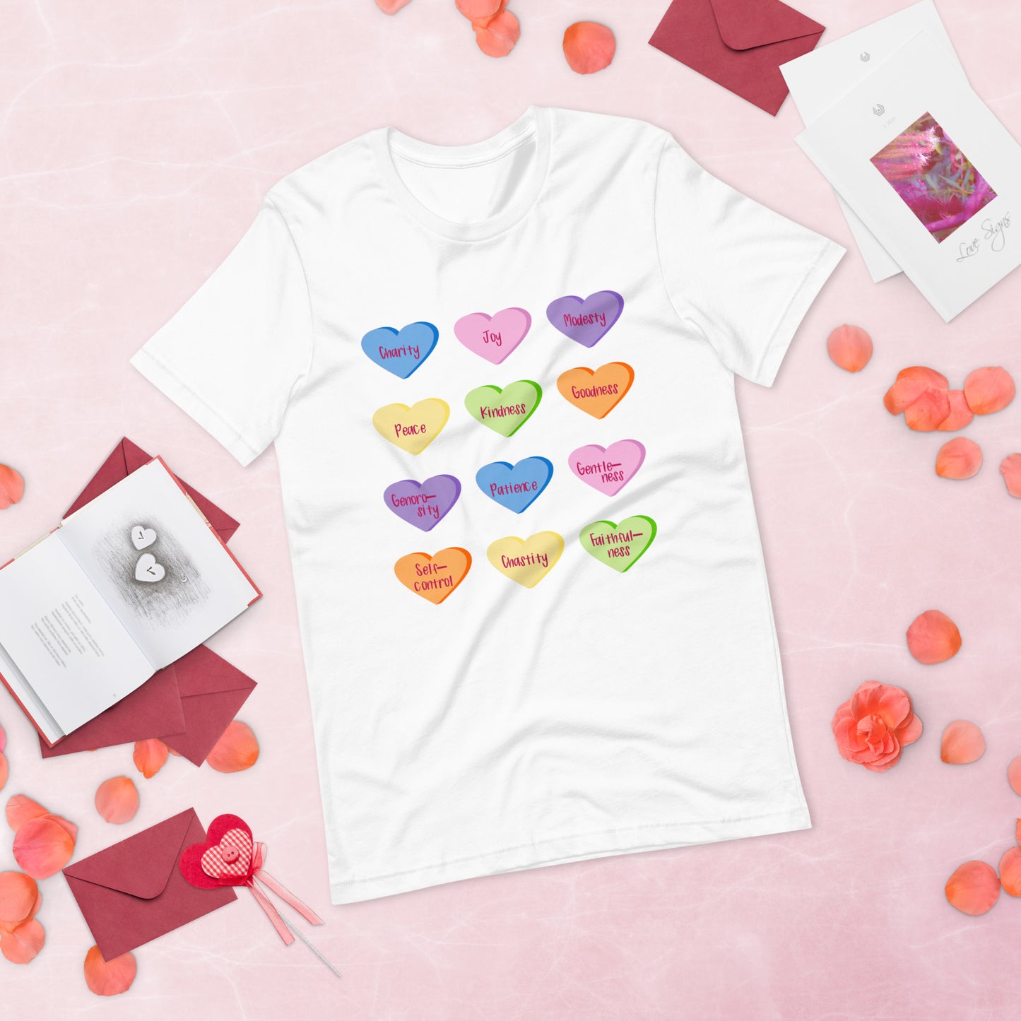 Fruit of the Holy Spirit Candy Hearts T-shirt in white
